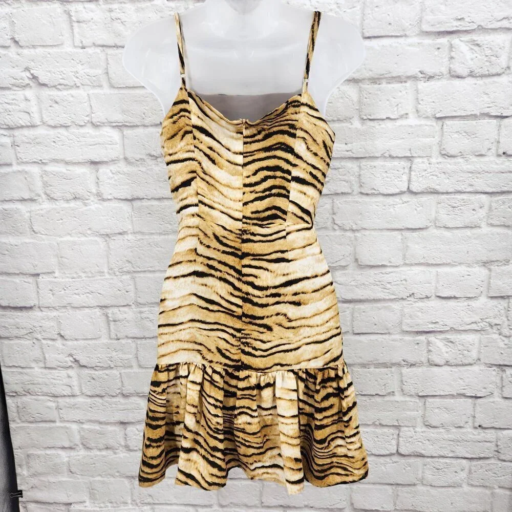 Storia Tiger Print Spaghetti Strap Drop Waist Lined Vacation Mini Dress S